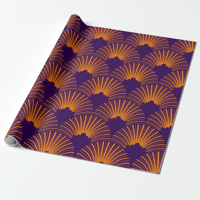 Orange art-deco mönster på lilans djupaste bakgrun presentpapper (Utrullad)