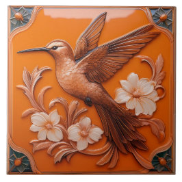 Orange Art Nouveau-kolibri i falsk relief L Kakelplatta