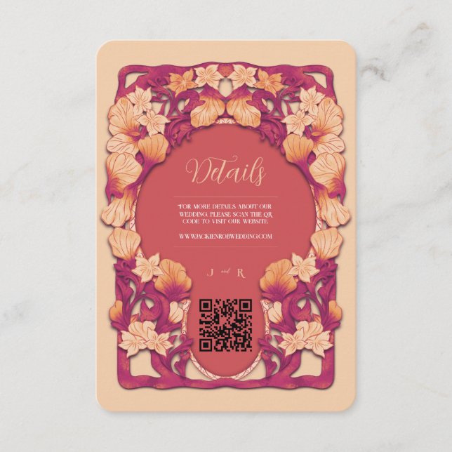 Orange Art Nouveau QR-kod Bröllopsbilaga Tilläggskort (Framsida)