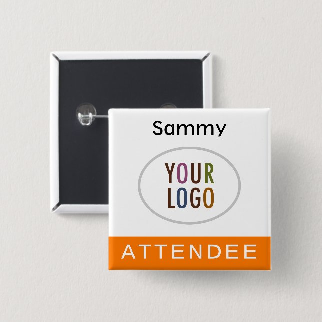 Orange Attendee Namn Badge med Logotyp kvadrat-kna Knapp (Framsida & baksida)