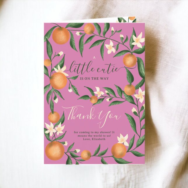 Orange av botaniska citrusfrukter med liten rosa tack kort (Botanical citrus orange little cutie pink thank you card)