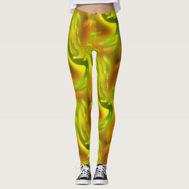 Orange av digital grönt på gult via struktur leggings (Framsida)