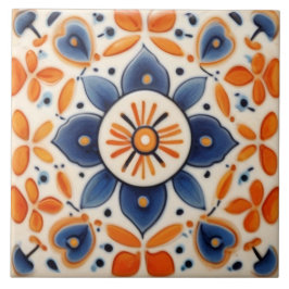 Orange av folkart-Blommigt och blå blomma Kakelplatta