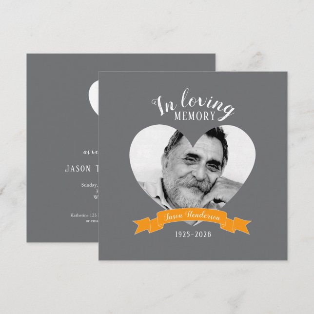 Orange av fotohjärta för Memorial-tjänst, menyflik Inbjudningar (Fram/baksida)