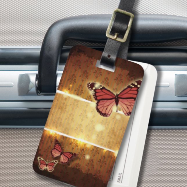 orange av glamor, flourish swirls butterfly bagagebricka (autumn orange glamour flourish swirls butterfly luggage tag)