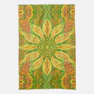 Orange av grönt av gult av Sun Flower bohemian blo Kökshandduk