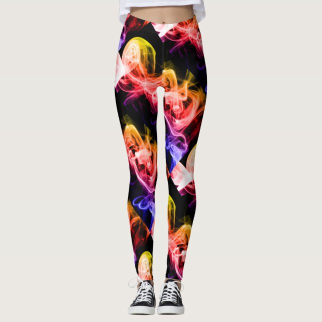 Orange av kraftig Gult  Lila Abstrakt Rökning Leggings (Framsida)
