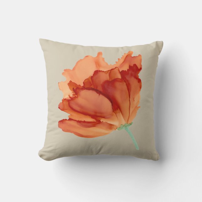 Orange av vallmohandmålad blommigt kudde (Framsida)