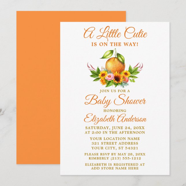 Orange av vattenfärgen Blommigt Baby Shower Little Inbjudningar (Fram/baksida)