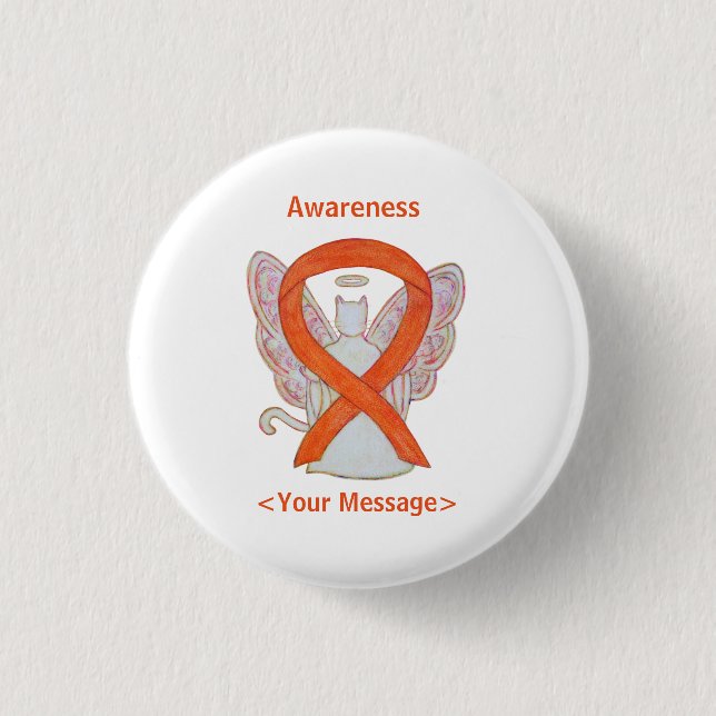 Orange Awareness Ribbon Cat Angel Anpassningsbar P Knapp (Framsida)