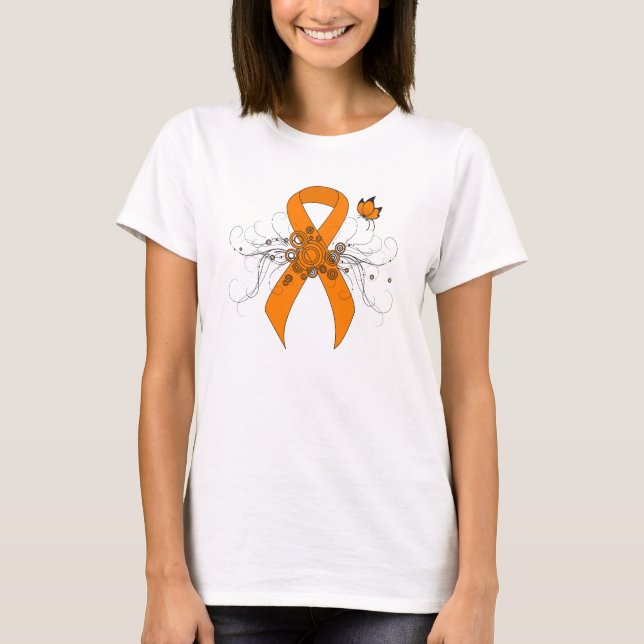 Orange Awareness Ribbon med Butterfly T-shirt (Framsida)