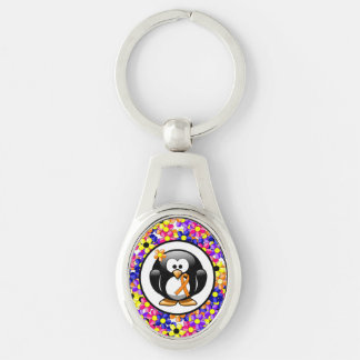 Orange Awareness Ribbon Penguin Ovalt Silverfärgad Nyckelring