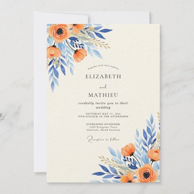 Orange Azure Splendid Botanical Wedding Inbjudningar (Framsida)