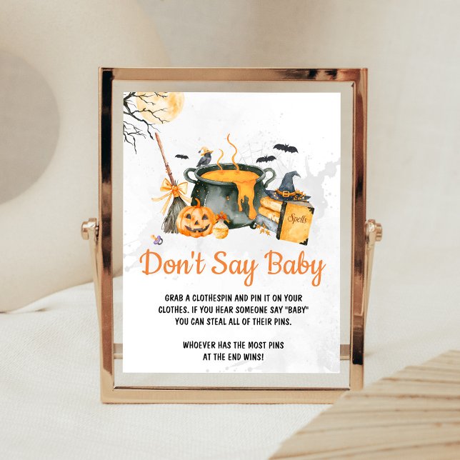 Orange Baby brygger inte säga babyskilte Poster (Gender Neutral Halloween Baby Shower Don't Say Baby Sign)