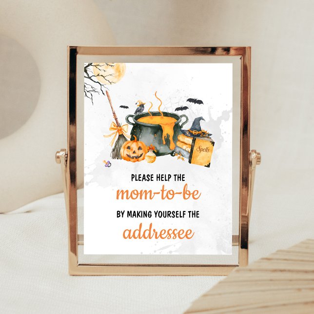 Orange Baby brygger Witch Envelope Station Tecken Poster (Gender Neutral Halloween Baby Shower Envelope Station Sign)