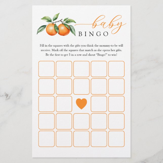 Orange Baby Shower Baby Bingo-spel (Framsida)