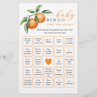 Orange Baby Shower Hitta gästen Bingo-spel