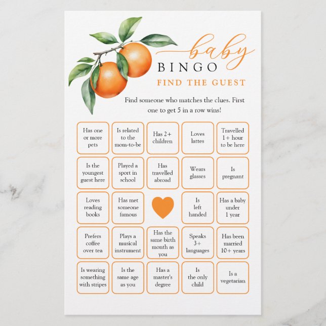 Orange Baby Shower Hitta gästen Bingo-spel (Framsida)