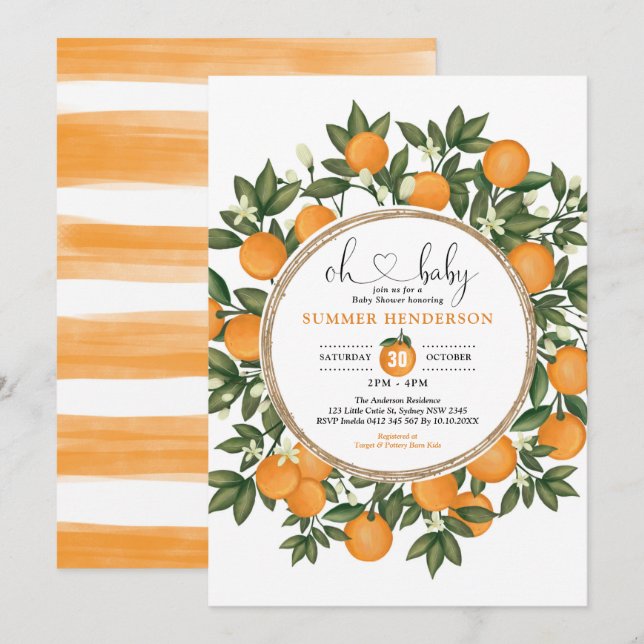 Orange Baby Shower Summer Citrus Boho Greenery Inbjudningar (Fram/baksida)