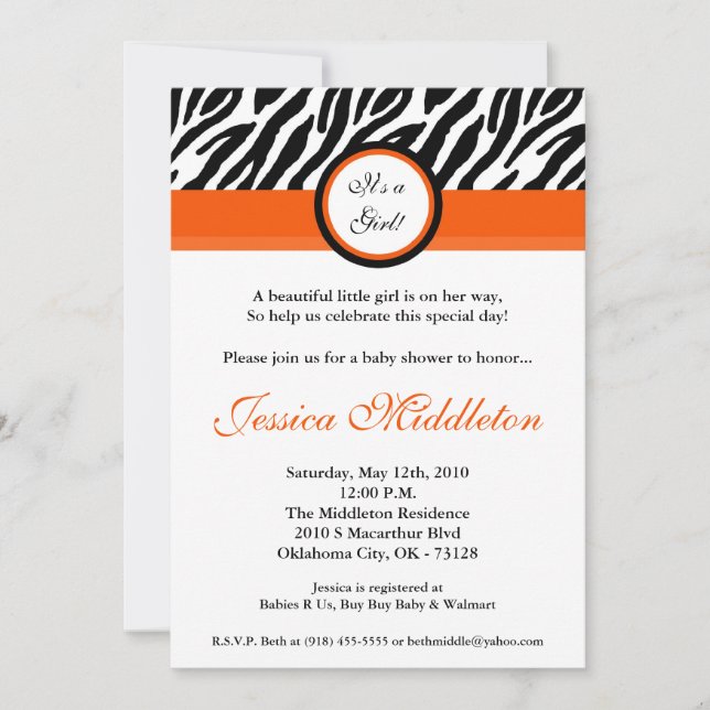 orange baby showerinbjudan för zebra tryck 5x7 inbjudningar (Framsida)