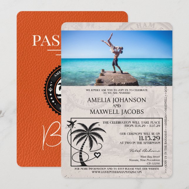 Orange Bahamas Passport Bröllop Inbjudningar (Fram/baksida)