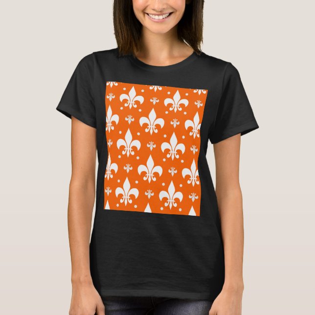 Orange Bakgrund Fleur-de-lis Mönster Design T Shirt (Framsida)