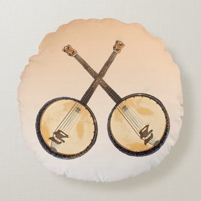 Orange Banjo Music Instruments Round Pillow Rund Kudde (Framsidan)