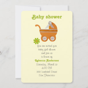 Orange barnvagn, grön blomma för baby shower inbjudningar