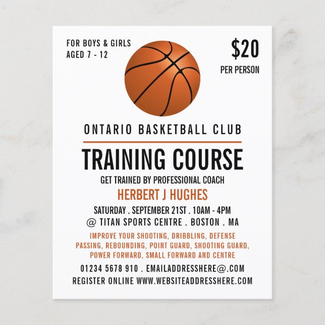 Orange Basketball, Basketball Training Cours Flygblad (Framsidan)