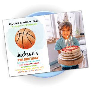 Orange Basketball Birthday-inbjudningar med foto Inbjudningar