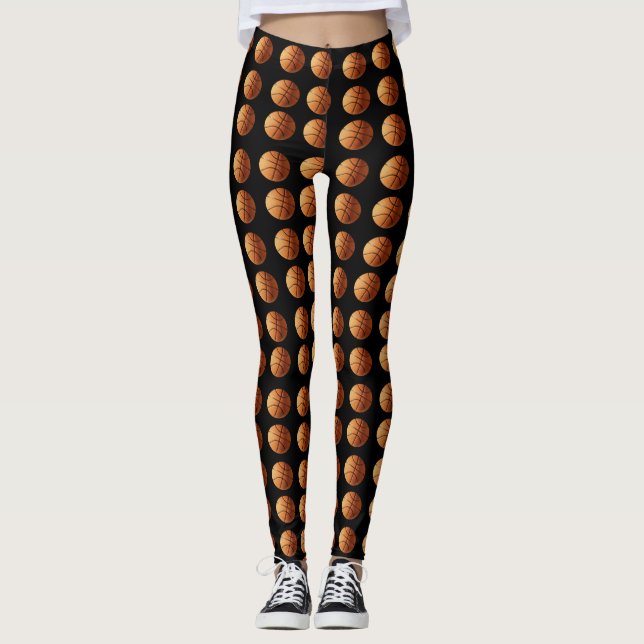 Orange Basketballar på svart. Leggings (Framsida)