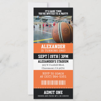 Orange basketboll biljett 1-års födelsedagsfest inbjudningar