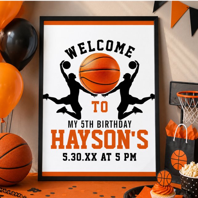 orange basketboll Pojke 5-års födelsedagsfest Poster (orange basketball Boy 5TH Birthday Party Poster)