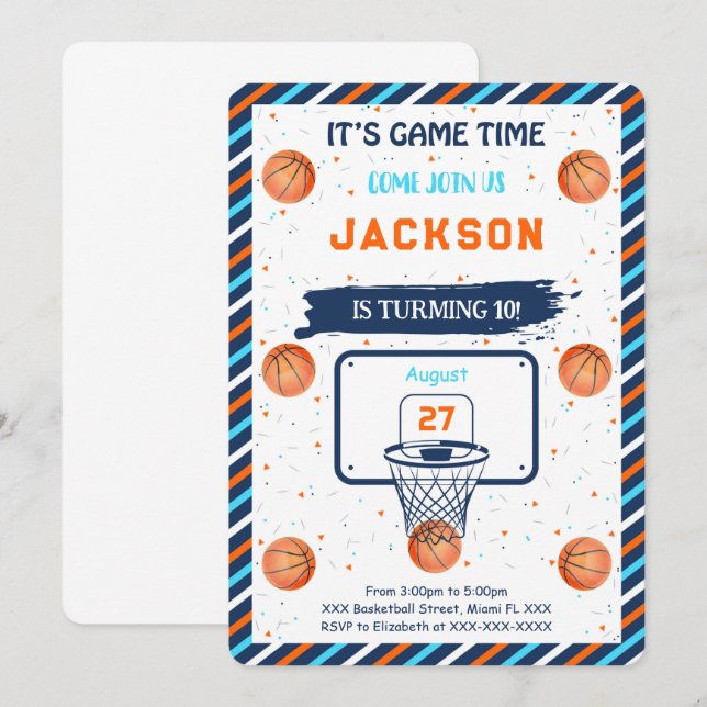 Orange basketfödelsedagsinbjudan inbjudningar (Fram/baksida)