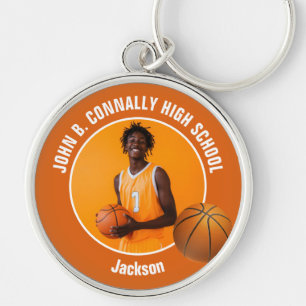 Orange Basketspelare Foto Högstadieanda Rund Silverfärgad Nyckelring