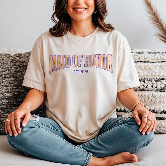 Orange + Beige Stripe Navy MAID OF HONOR  T Shirt (Personalize with names, dates, locations or events.)