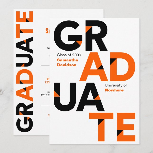 Orange Big Bold Vinkel-cut Brev Studenten Inbjudningar (Fram/baksida)