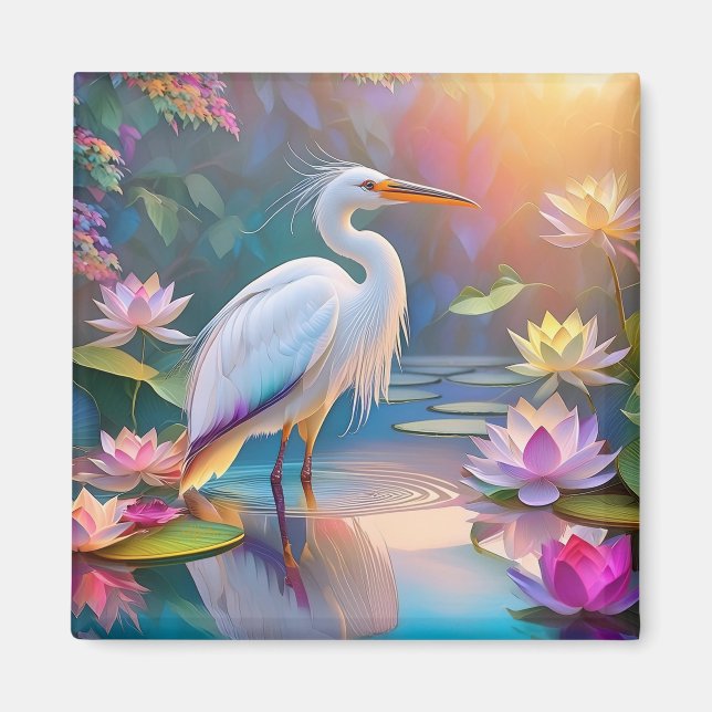 Orange Billed White Heron Fantasy Bird Magnet (Framsidan)