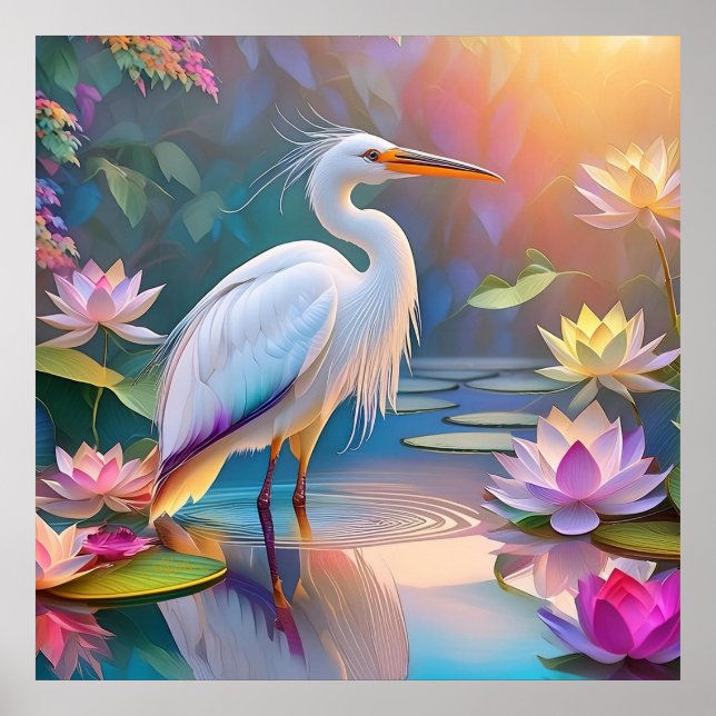 Orange Billed White Heron Fantasy Bird Poster (Framsidan)