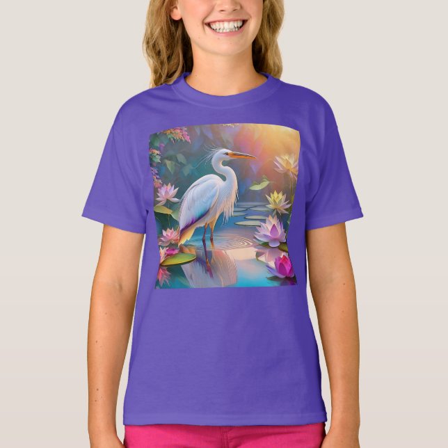 Orange Billed White Heron Fantasy Bird T Shirt (Framsida)