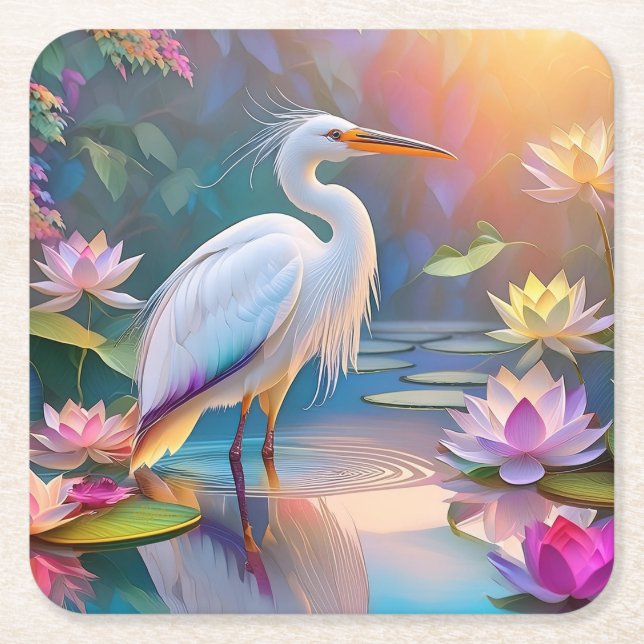 Orange Billed White Heron Fantasy Bird Underlägg Papper Kvadrat (Framsidan)