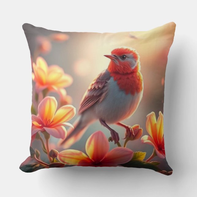 Orange Bird Floral Throw Pillow Kudde (Framsida)
