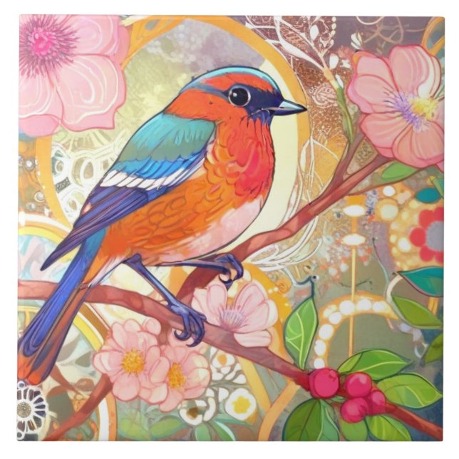 Orange Bird Girly Rosa Vår Flower Blommigt Kakelplatta (Framsidan)