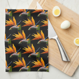 Orange Bird of Paradise Plant Mönster on Black Kökshandduk