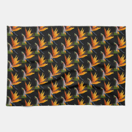Orange Bird of Paradise Plant Mönster on Black Kökshandduk