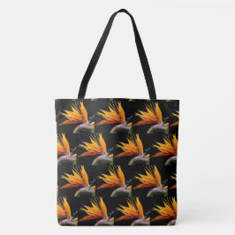 Orange Bird of Paradise Plant Mönster on Black Tygkasse