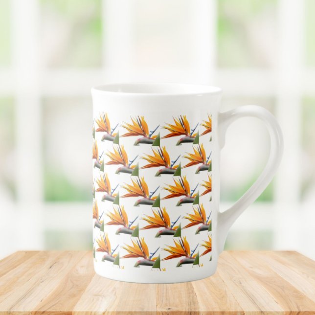 Orange Bird of Paradise Plant Mönster on White Benporslin Mugg (In Situ)