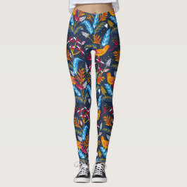 Orange Birds and Botanical Ferns Whimsical Leggings