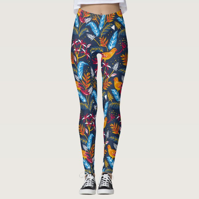 Orange Birds and Botanical Ferns Whimsical Leggings (Framsida)