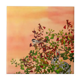 Orange Birds Rabbit Autumn Foliage Tile Kakelplatta